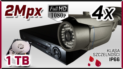 monitoring AHD 4x kamera AHD-717, rejestrator HD-AHD-08CH, dysk 1TB, akcesoria