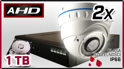 Monitoring 2x kamera AHD 907-B, rejestrator AHD-04CH, dysk 1TB, akcesoria