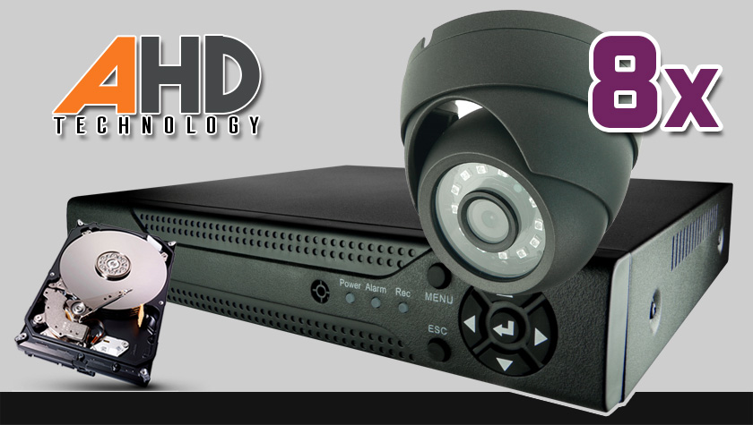 monitoring HD, 8x kamera ESDR-1084, rejestrator cyfrowy 8-kanałowy ES-XVR7908, dysk 500GB, akcesoria