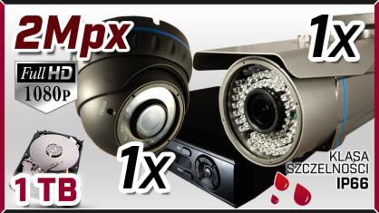 monitoring 1x kamera AHD-907, 1x kamera AHD-710, rejestrator HD-AHD-08CH, dysk 1TB, akcesoria
