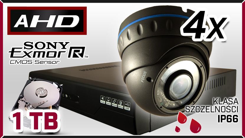 monitoring 4x kamera AHD 907, rejestrator AHD-04CH, dysk 1TB, akcesoria