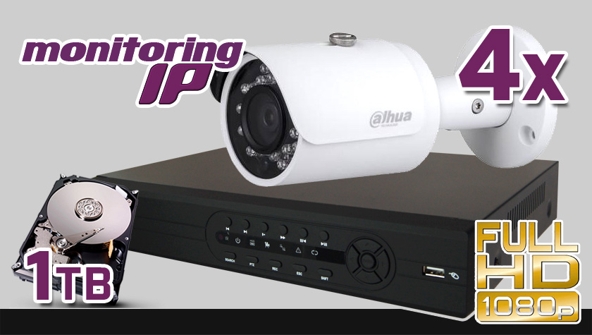 monitoring IP, FullHD, Rejestrator PR-NVR-0402mini, 4x kamera DH-IPC-HFW1220SP, dysk 1TB, akcesoria