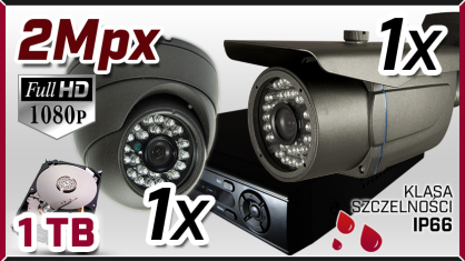 monitoring 1x kamera AHD-910I, 1x kamera AHD-717, rejestrator HD-AHD-08CH, dysk 1TB, akcesoria