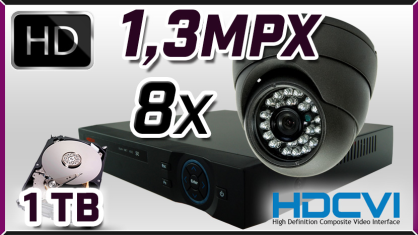 monitoring HDCVI 8x kamera ESDR-CV1020, rejestrator PR-HCR5108, dysk 1TB, akcesoria