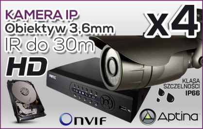 monitoring IP 4x kamera ESIP-B1613A, rejestrator PR-NVR0402mini, dysk 1TB, akcesoria