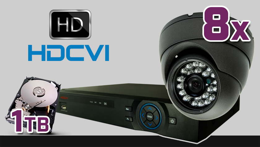 monitoring HDCVI 8x kamera ESDR-1072, rejestrator PR-HCR5216, dysk 1TB, akcesoria