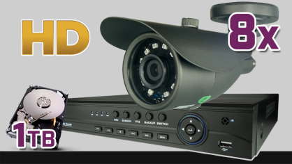monitoring HD, 8x kamera ESBR-1084, rejestrator cyfrowy 16-kanałowy ES-XVR7916, dysk 1TB, akcesoria