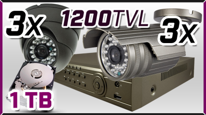 monitoring 3x kamera ESDR1400ICR, 3x kamera ESBR-1200, rejestrator ES-DVR5008, dysk 1TB, akcesoria