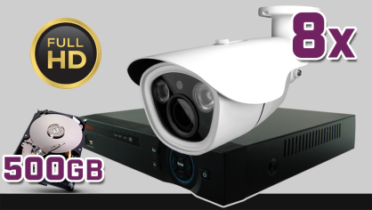 monitoring Full HD, 8x kamera ESBR-1504/2,8-12IR70, rejestrator cyfrowy 4-kanałowy PR-HCR5108, dysk 500GB, akcesoria