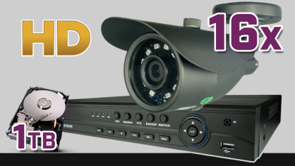 monitoring HD, 16x kamera ESBR-1084, rejestrator cyfrowy 16-kanałowy ES-XVR7916, dysk 1TB, akcesoria