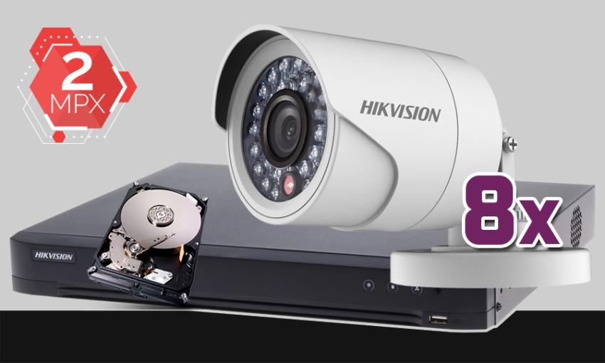 monitoring Turbo HD Hikvision, 8x kamera Full HD DS-2CE16D0T-IR, rejestrator DS-7208HUHI-K2, dysk twardy 1TB, akcesoria do monitoringu