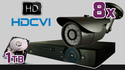 monitoring HDCVI 8x kamera ESBR-1072, rejestrator PR-HCR5216, dysk 1TB, akcesoria
