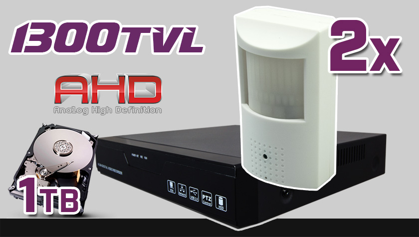 monitoring AHD, 2 dyskretne kamery w czujce, rejestrator AHD ES-AHD7804, dysk twardy 1TB