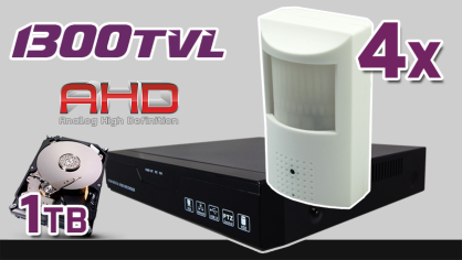 monitoring AHD, 4 dyskretne kamery w czujce, rejestrator AHD ES-AHD7804, dysk twardy 1TB