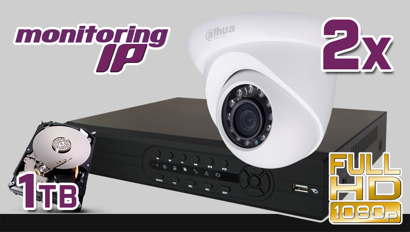 monitoring IP, FullHD, Rejestrator IP PR-NVR0405, 2x kamera DH-IPC-HDW1220SP, dysk 1TB, akcesoria