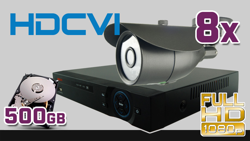 monitoring HDCVI, 8x kamera ESBR-2084, rejestrator 8-kanałowy HDCVI PR-HCR5108, dysk 500GB, akcesoria