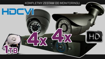 monitoring HDCVI 4x kamera ESDR-1072, 4x kamera ESBR-1072, rejestrator PR-HCR5216, dysk 1TB, akcesoria