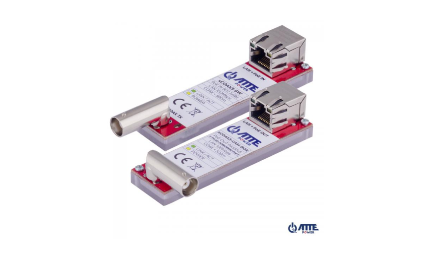 xCOAX3-SET-BOX Zestaw aktywnych konwerterów do transmisji Ethernet oraz PoE po koncentryku, 1 kanał 100Mbps, PoE IN 802.3at/af lub Passive (xCOAX3-SW), PoE OUT Passive (xCOAX3-CAM-BOX), zasięg do 500m, wersja BOX z kątowym złączem BNC umożliwia montaż xCO