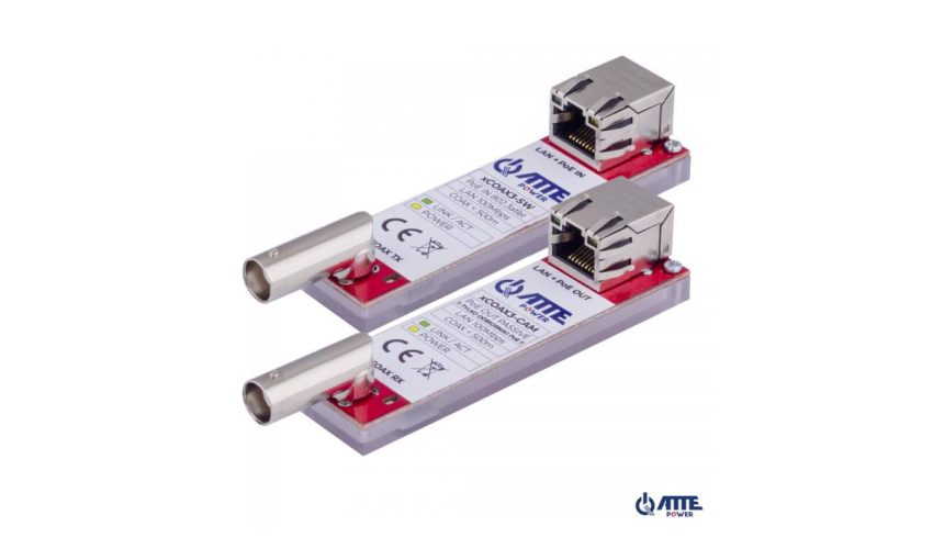 xCOAX3-SET Zestaw aktywnych konwerterów do transmisji Ethernet oraz PoE po koncentryku, 1 kanał 100Mbps, PoE IN 802.3at/af lub Passive (xCOAX3-SW), PoE OUT Passive (xCOAX3-CAM), zasięg do 500m, złącza RJ45/BNC_F