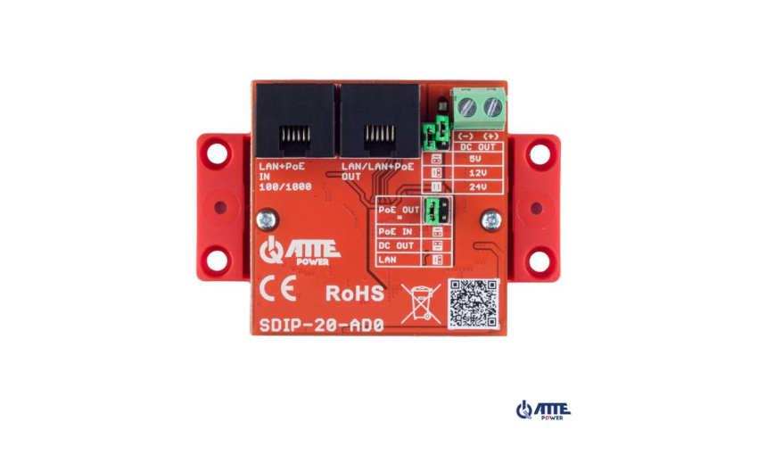 SDIP-20-AD0 Adapter PoE Gigabit Ethernet obniżający napięcie Vout 5V/12V/24V, Pout max 20W 802.3at/af oraz PASSIVE