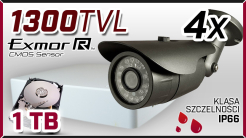 Monitoring 4x kamera ESBR-A1696, rejestrator ES-DVRA6104B, dysk 1TB, akcesoria